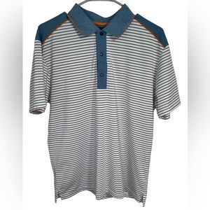 Greg Norman ML75 Stretch Blue Striped Short Sleeve Polo Shirt Mens Size Medium